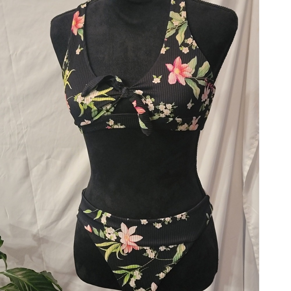 TiniBikini Womens Black Tropical Floral‎ Ribbed Racerback Bikini Set Size M